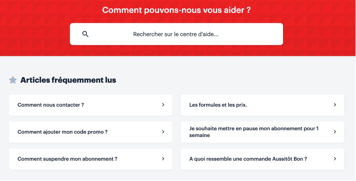 Screenshot 2025-07-26 at 10.42.32 AM Page FAQ d’Aussitôt Bon avec moteur de recherche et articles les plus consultés comme “Comment nous contacter ?”, “Comment suspendre mon abonnement ?” ou “Les formules et les prix”.