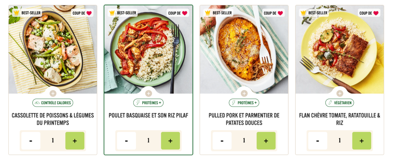 Screenshot 2025-07-28 at 11.57.04 AM Exemples de plats Kitchen Daily : cassolette de poissons, poulet basquaise, pulled pork au parmentier de patate douce, flan chèvre tomate.