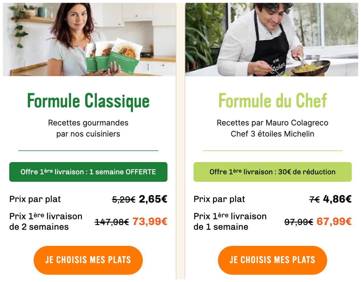 Screenshot 2025-07-28 at 11.58.44 AM Comparatif des formules Kitchen Daily : Formule Classique à 2,65 € le plat avec 1 semaine offerte, et Formule du Chef signée Mauro Colagreco à 4,86 € le plat avec 30 € de réduction sur la première commande.