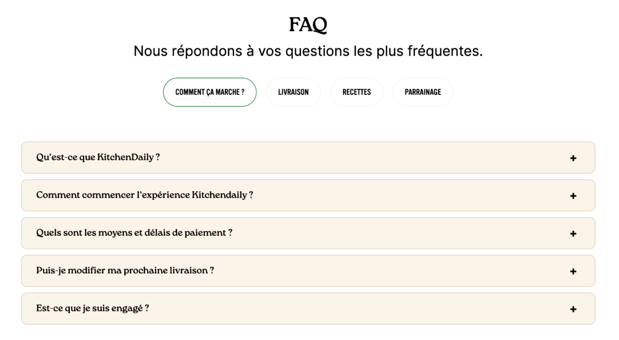 Screenshot 2025-07-28 at 12.10.18 PM FAQ Kitchen Daily avec les questions fréquentes sur le fonctionnement, la livraison, les recettes et le parrainage.