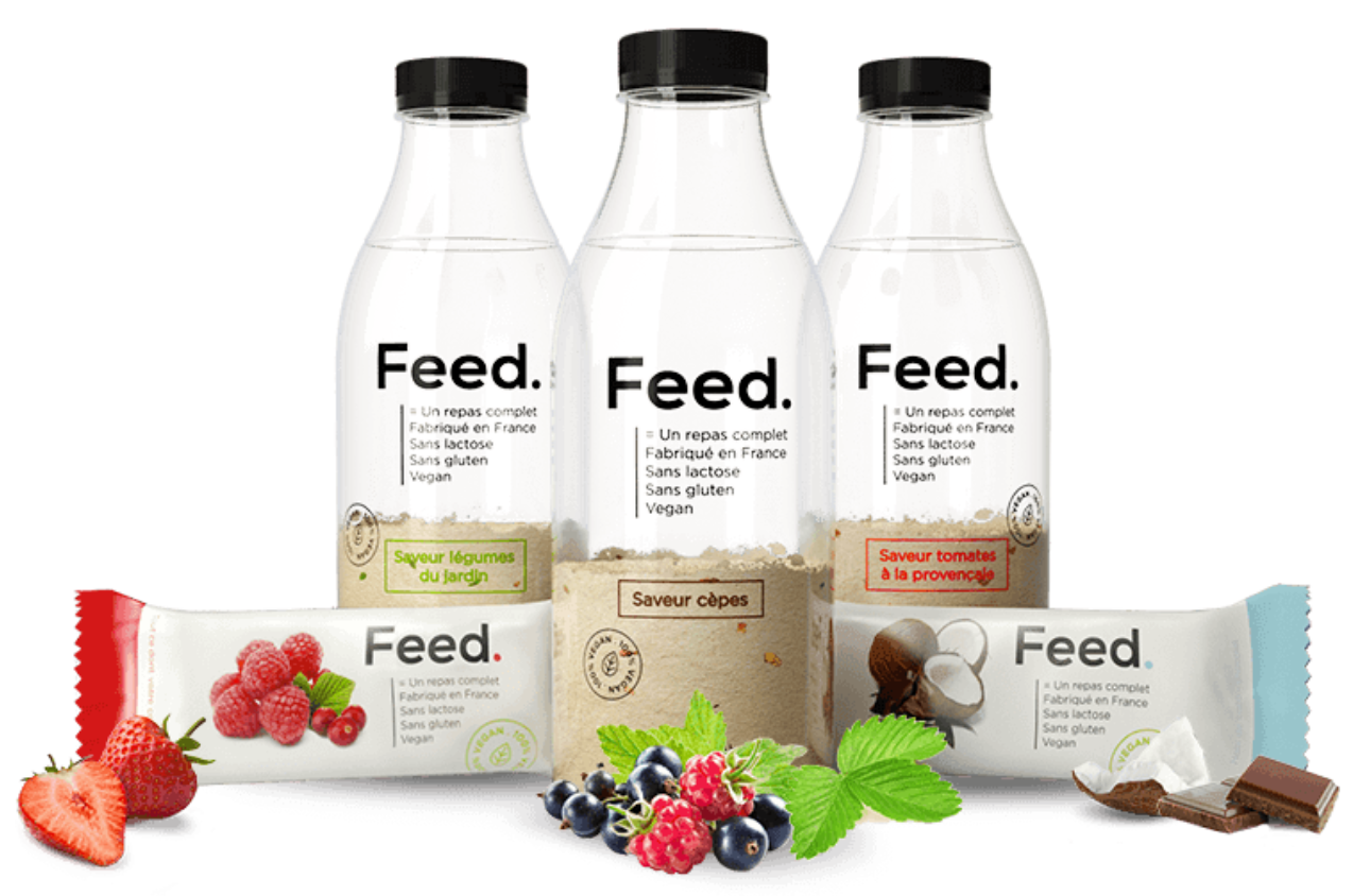 Produits de la marque Feed : bouteilles de repas complets en poudre et barres nutritionnelles aux saveurs variées, sans gluten, sans lactose et vegan